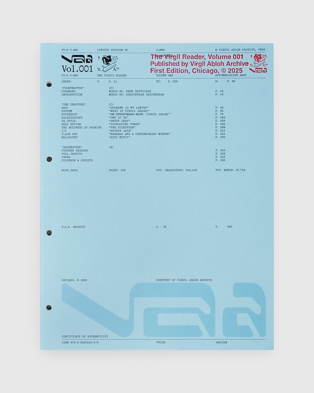 VIRGIL ABLOH ARCHIVE UNVEILS FIRST PUBLICATION FOR 55 DOLLARS