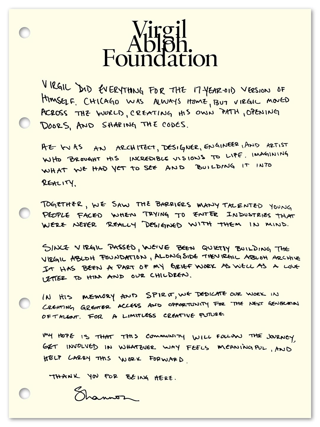 SHANNON ABLOH FILES THE FOUNDATION'S FIRST RECORD