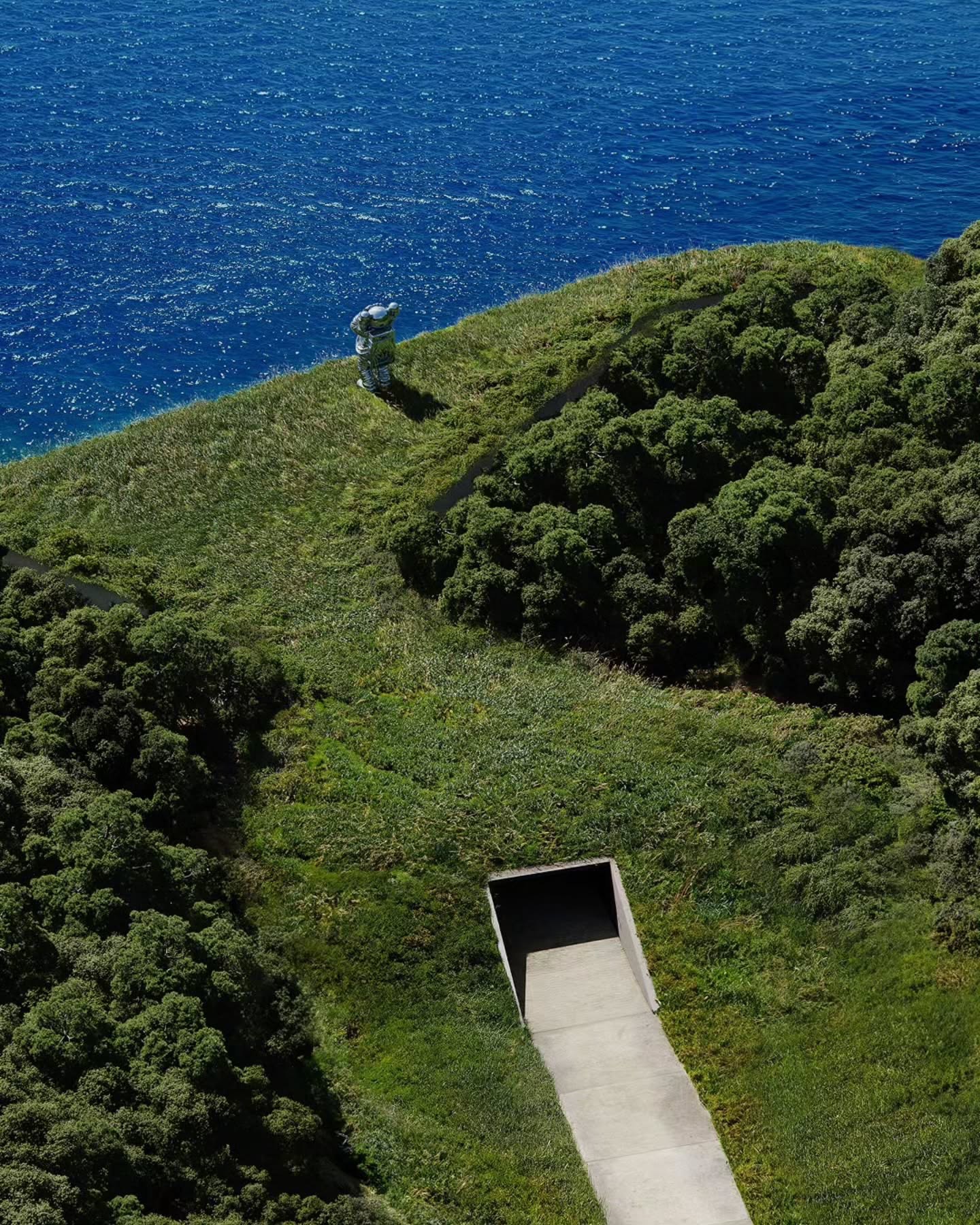 Exterior rendering of NOT A HOTEL TOKYO, the NIGO directed cliffside villa above Tokyo Bay