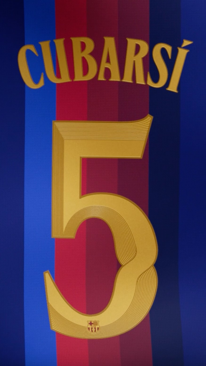 A still frame from FC Barcelona's reveal video showing the new Modernista typeface lettering and numbers on the club's 2026/27 Home Kit.