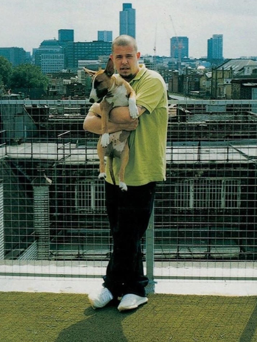 A tribute image referencing Alexander McQueen and the trust he left for his three bull terriers, Minter, Juice, and Callum.