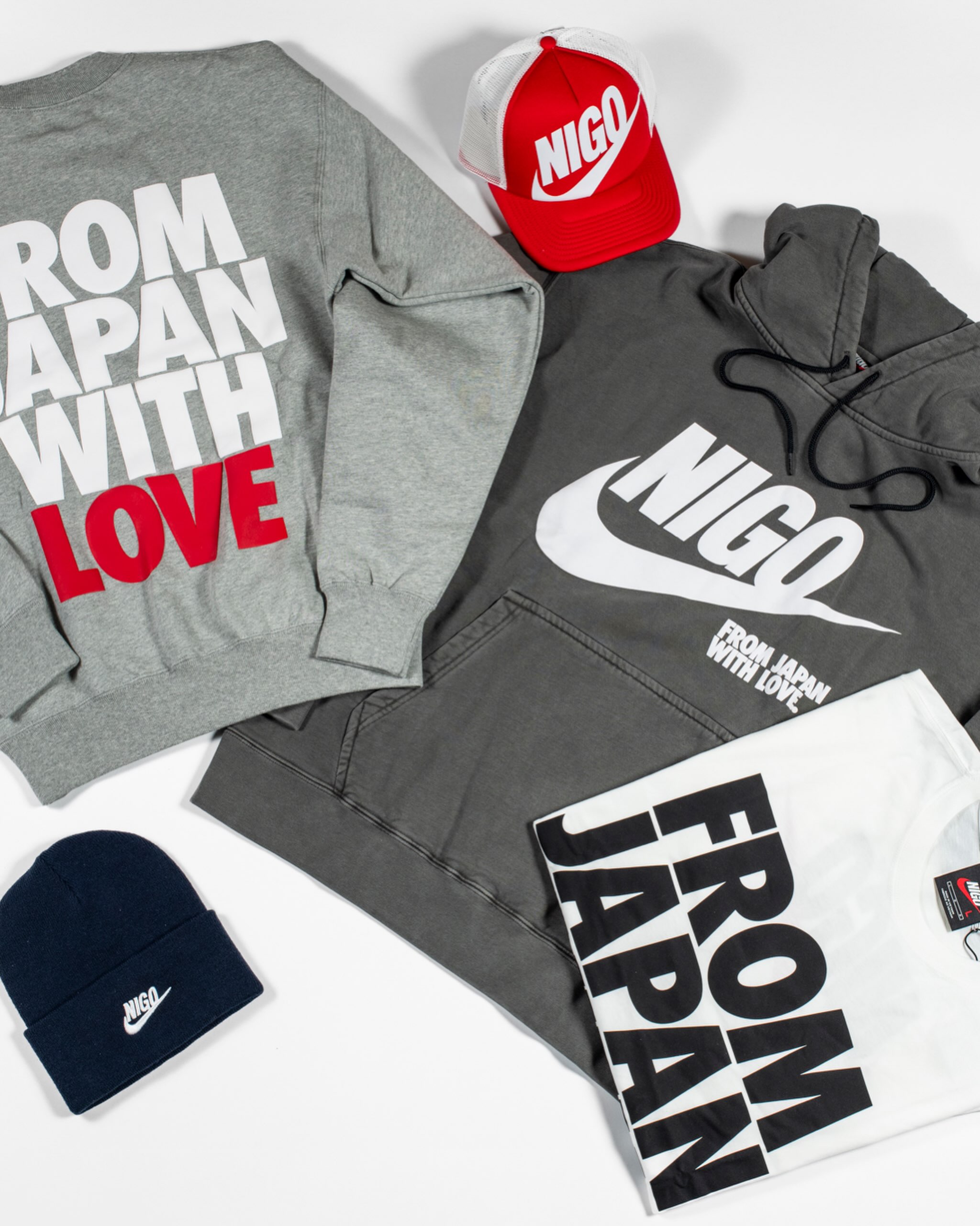 Product imagery from the Nike x NIGO LO2 apparel and Air Force 1 collaboration collection.