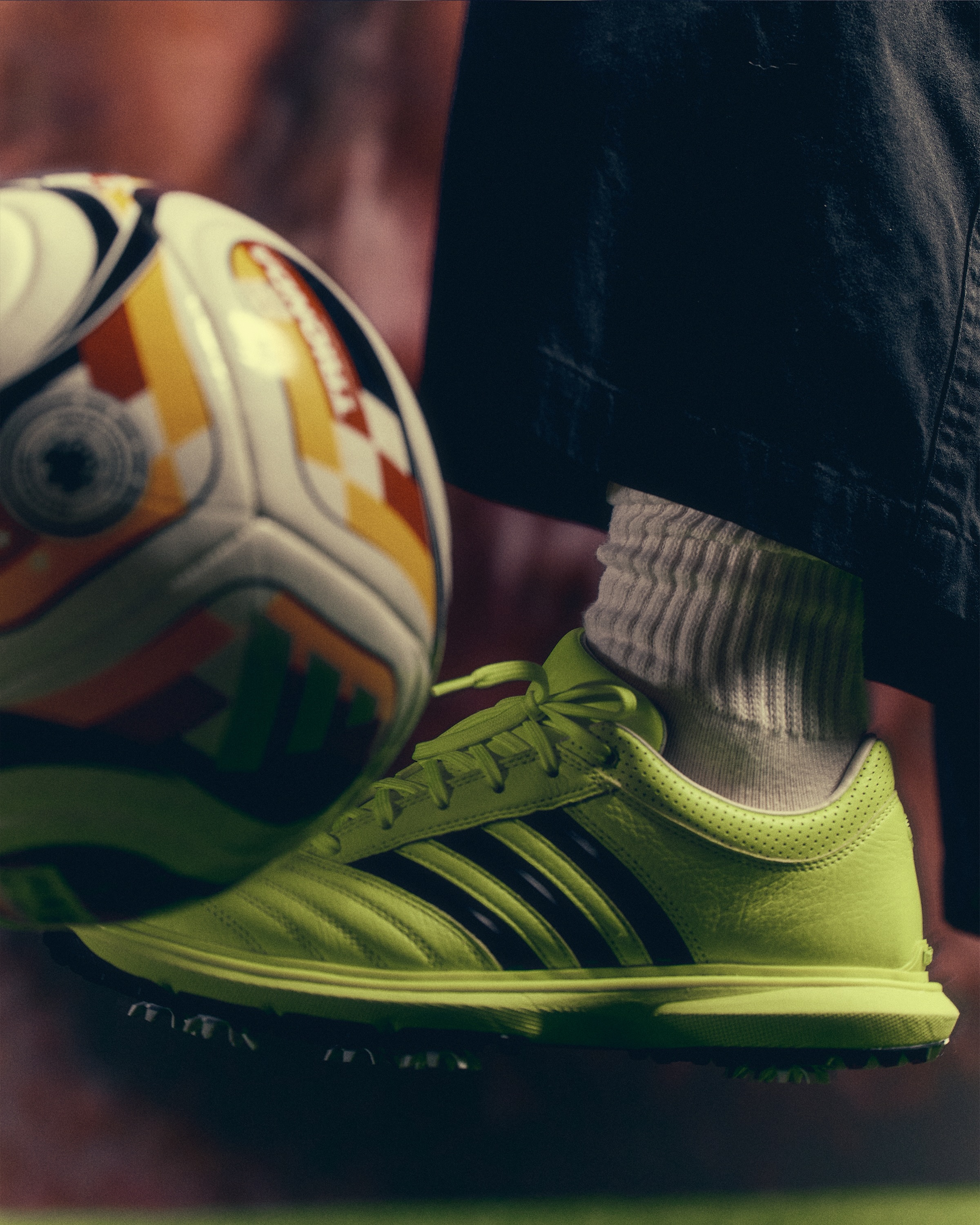 The adidas Golf x Metalwood Studio MC70 golf shoe in the Solar Yellow colorway from the brand's release lookbook.
