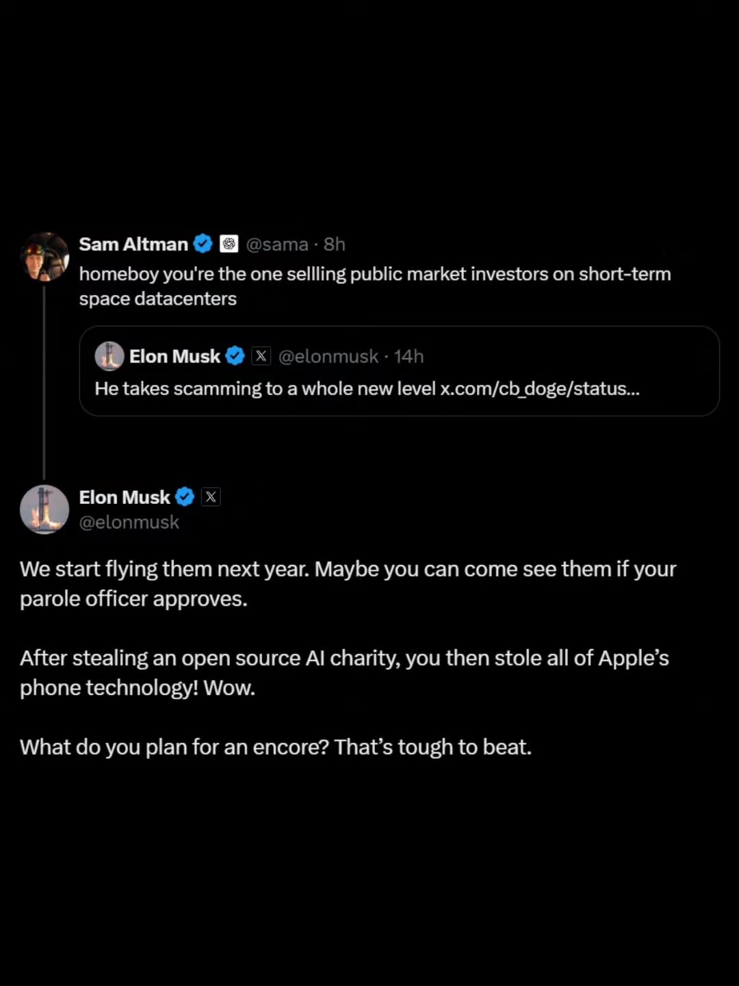 Graphic referencing the public exchange between Elon Musk and Sam Altman, shared by tech news account acknowledge.ai.