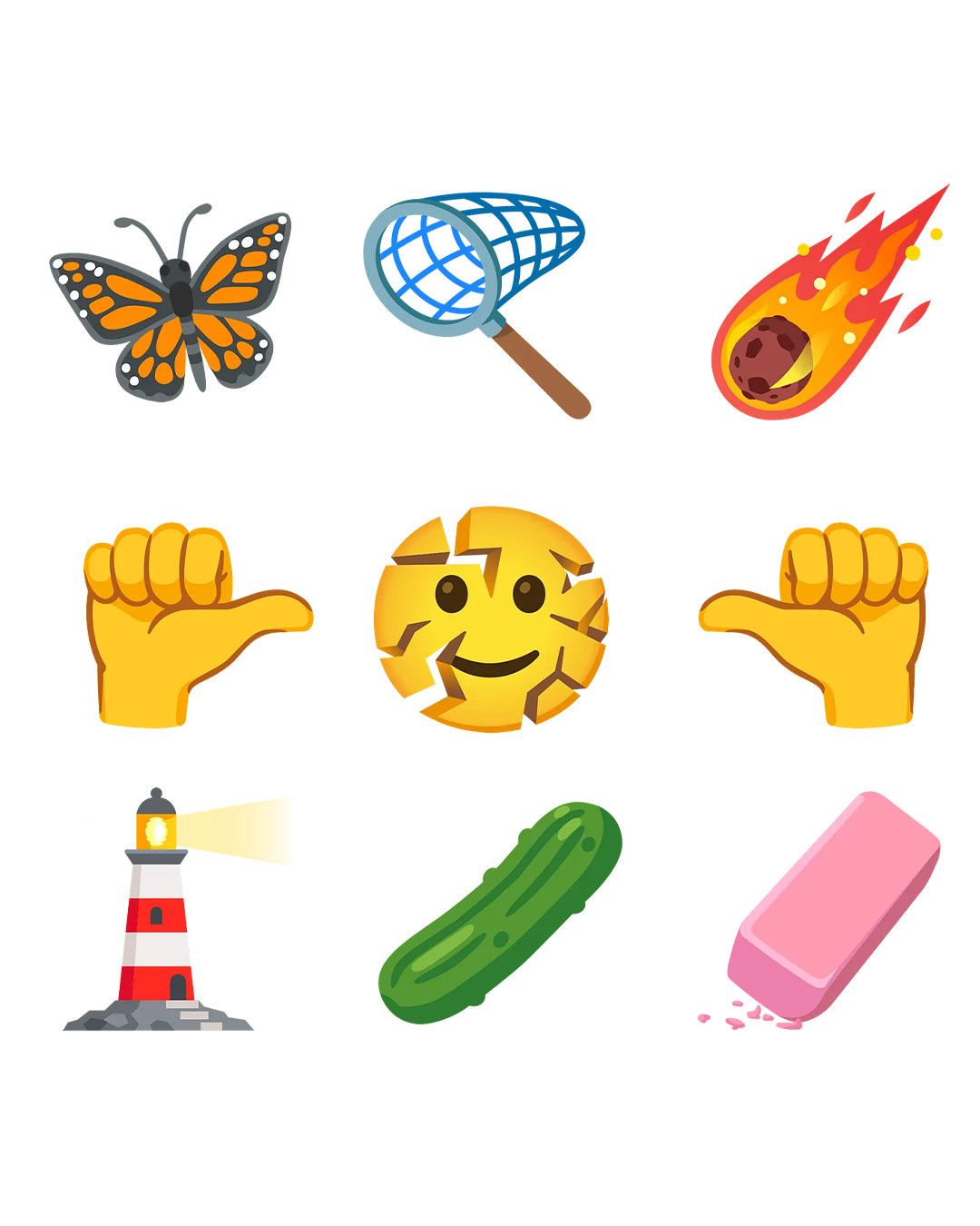 Draft renderings of new Unicode Consortium emoji candidates, including a fiery meteor and an orange and black monarch butterfly design.