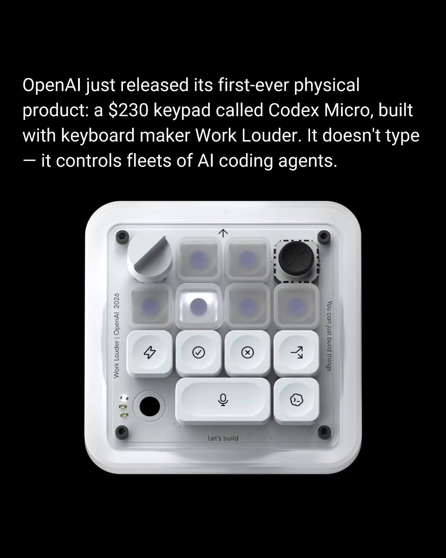 The OpenAI Codex Micro keypad, showing its rotary dial and programmable mechanical keys