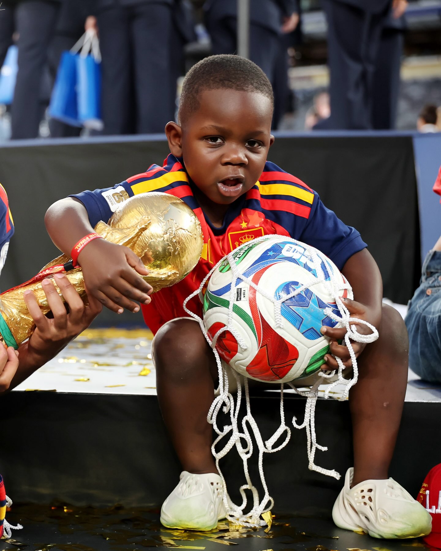 Keyne Yamal on the field during Spain's 2026 World Cup final trophy celebration.