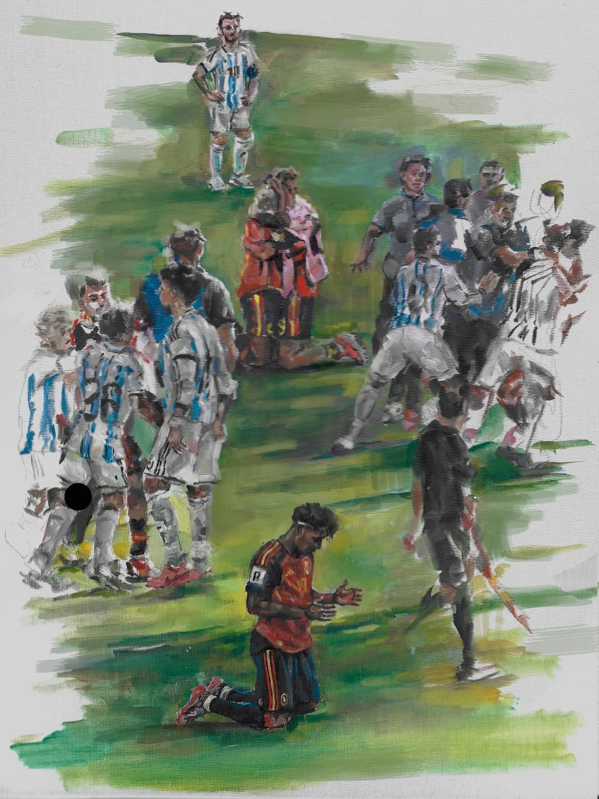 Lamine Yamal kneels in prayer on the pitch as a brawl involving Leandro Paredes unfolds behind him after the World Cup final.