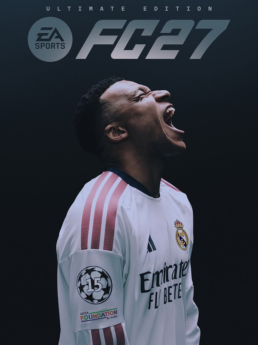 Kylian Mbappé on the EA Sports FC27 Ultimate Edition cover art, shown in Real Madrid colors.