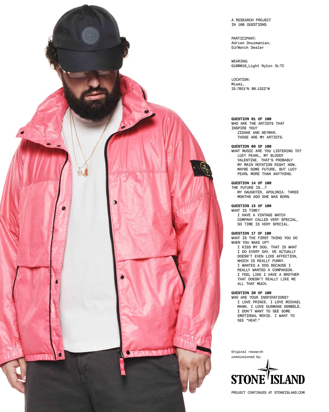Adrian Douzmanian wears the Stone Island Q100019 Light Nylon 3L TC hooded jacket in a David Sims campaign portrait