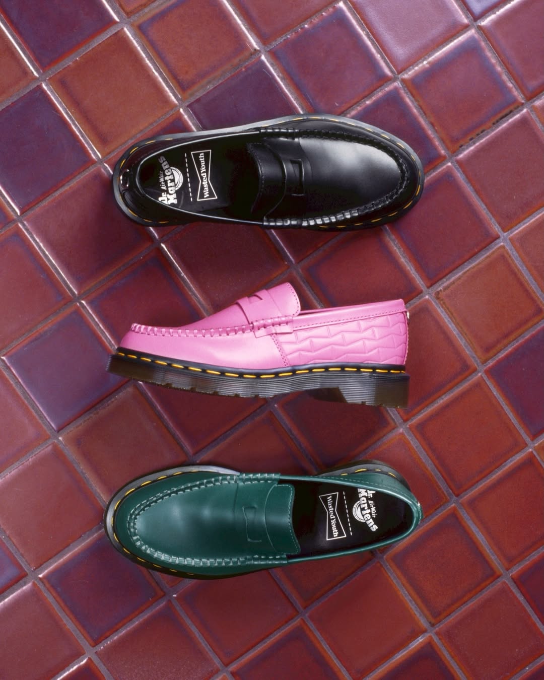 Verdy Wasted Youth x Dr. Martens Penton Loafer in Black, Green and Pink colorways