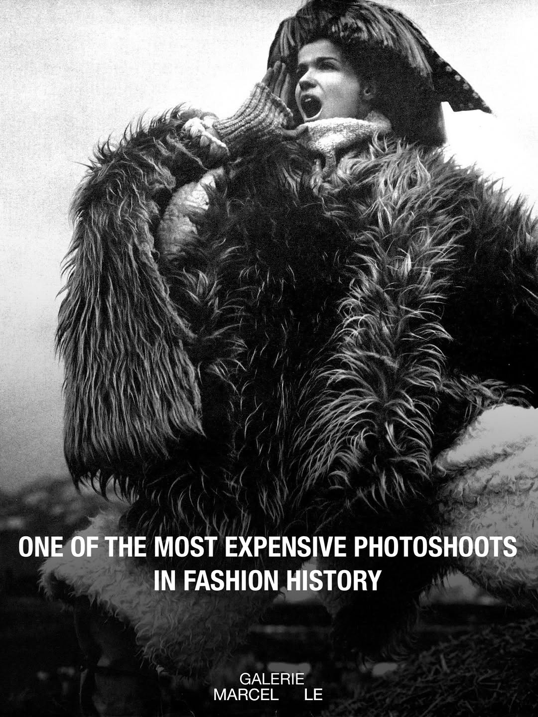 A black and white still from Vogue's 1966 Great Fur Caravan editorial shot by Richard Avedon in Japan.