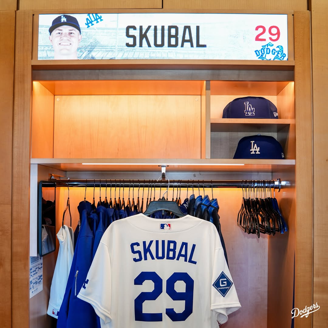 Tarik Skubal in Los Angeles Dodgers gear with No. 29 on his back after the trade from the Detroit Tigers.