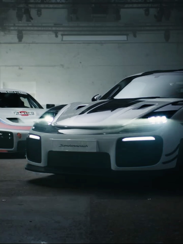 A white Porsche 911 GT2 RS Flachbau RS with a slantnose front end inspired by the 935/78 Moby Dick.