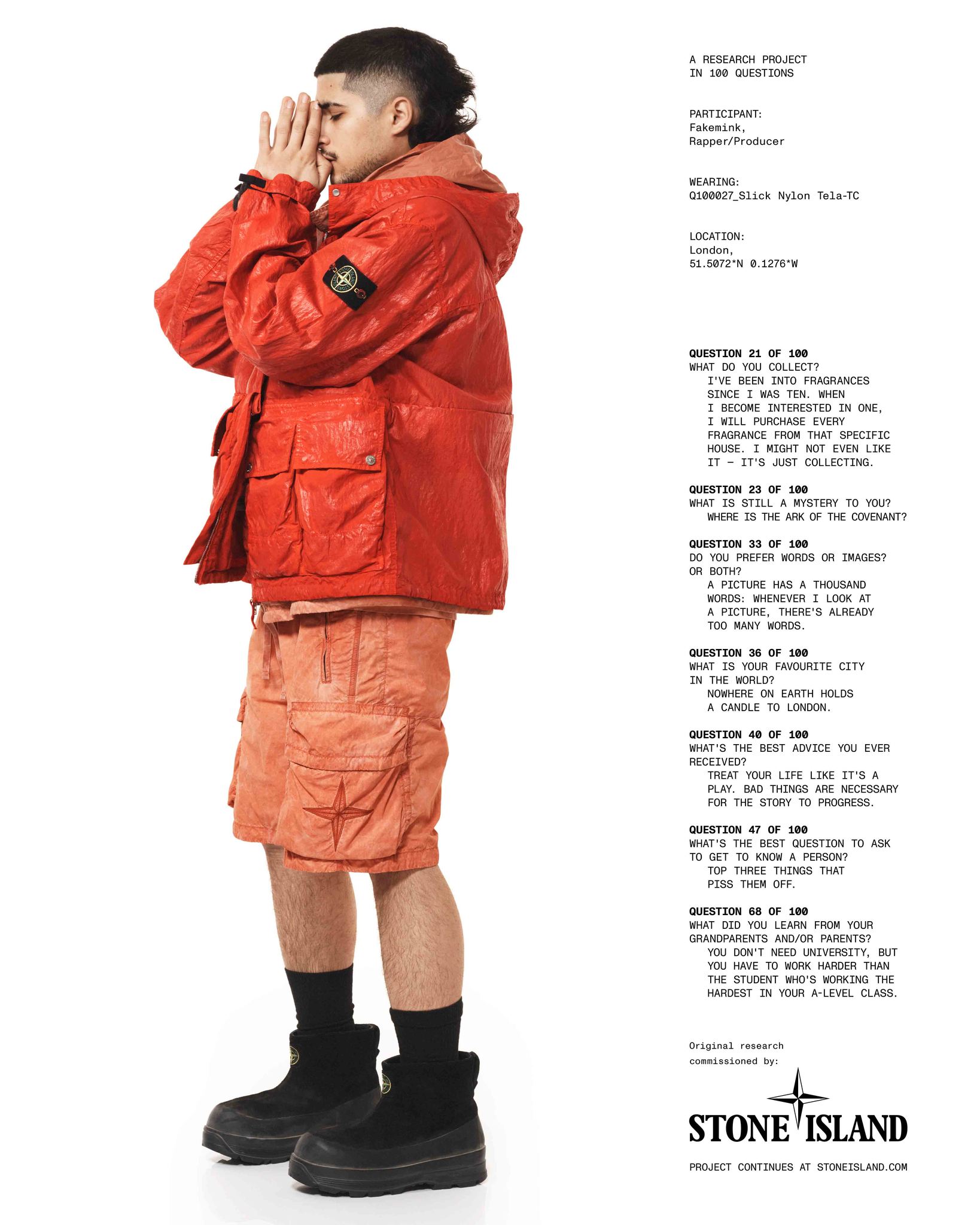 Fakemink wearing Stone Island's glossy nylon Q100027 hooded jacket, photographed by David Sims for the Autumn Winter 026 campaign.
