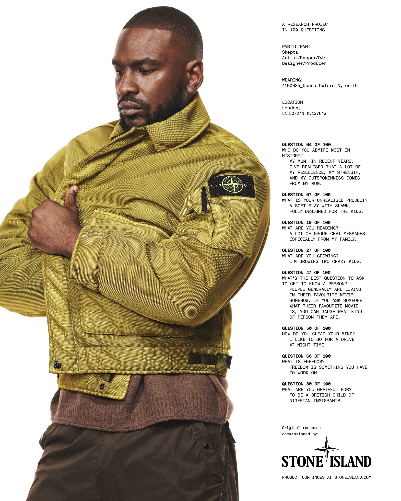 Skepta wearing Stone Island's 4100035 Dense Oxford Nylon TC jacket in the brand's Autumn Winter 026 campaign portrait.