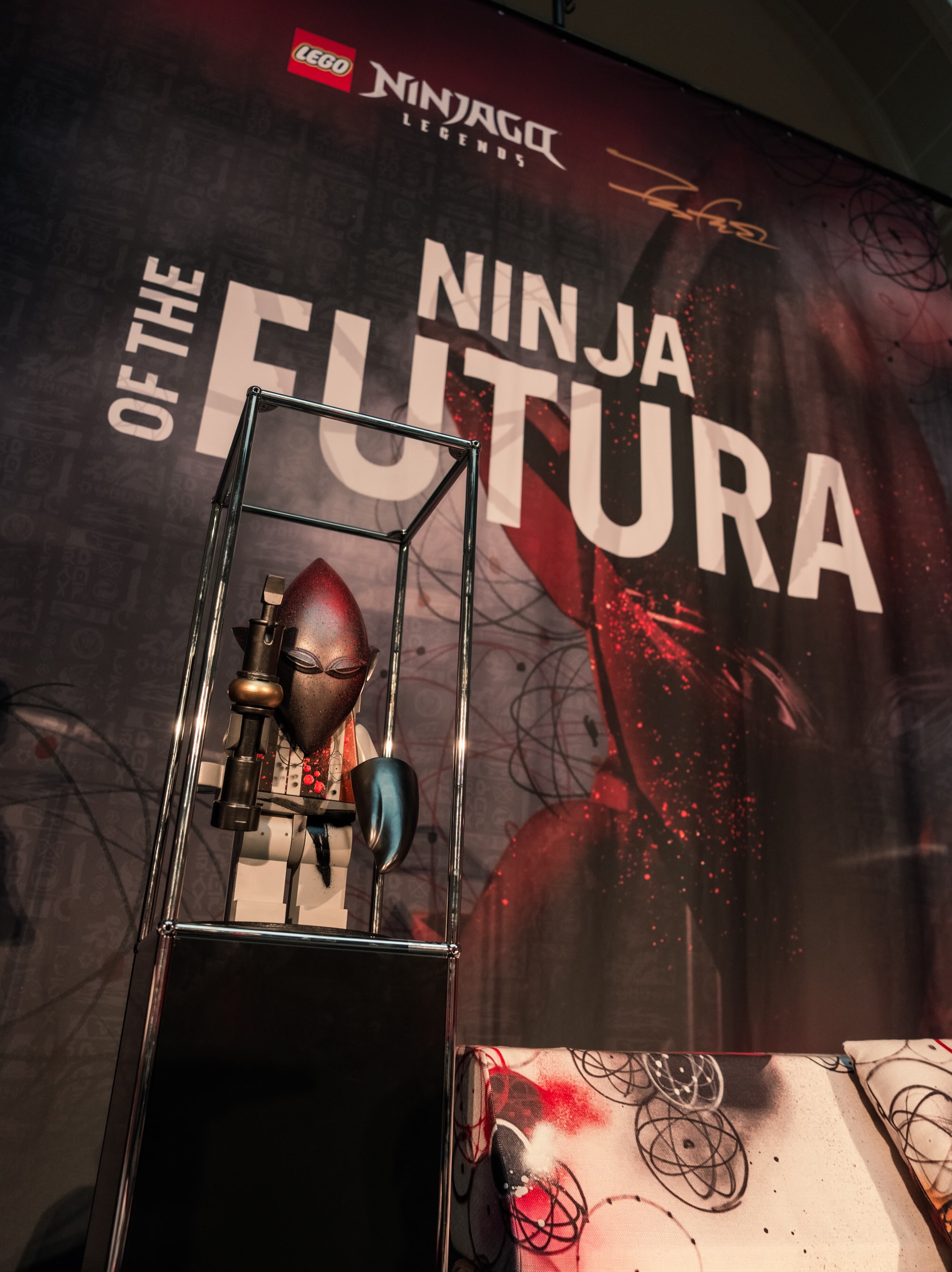 A custom LEGO Ninjago minifigure artwork by Futura on display at the Brooklyn Museum unveiling event.