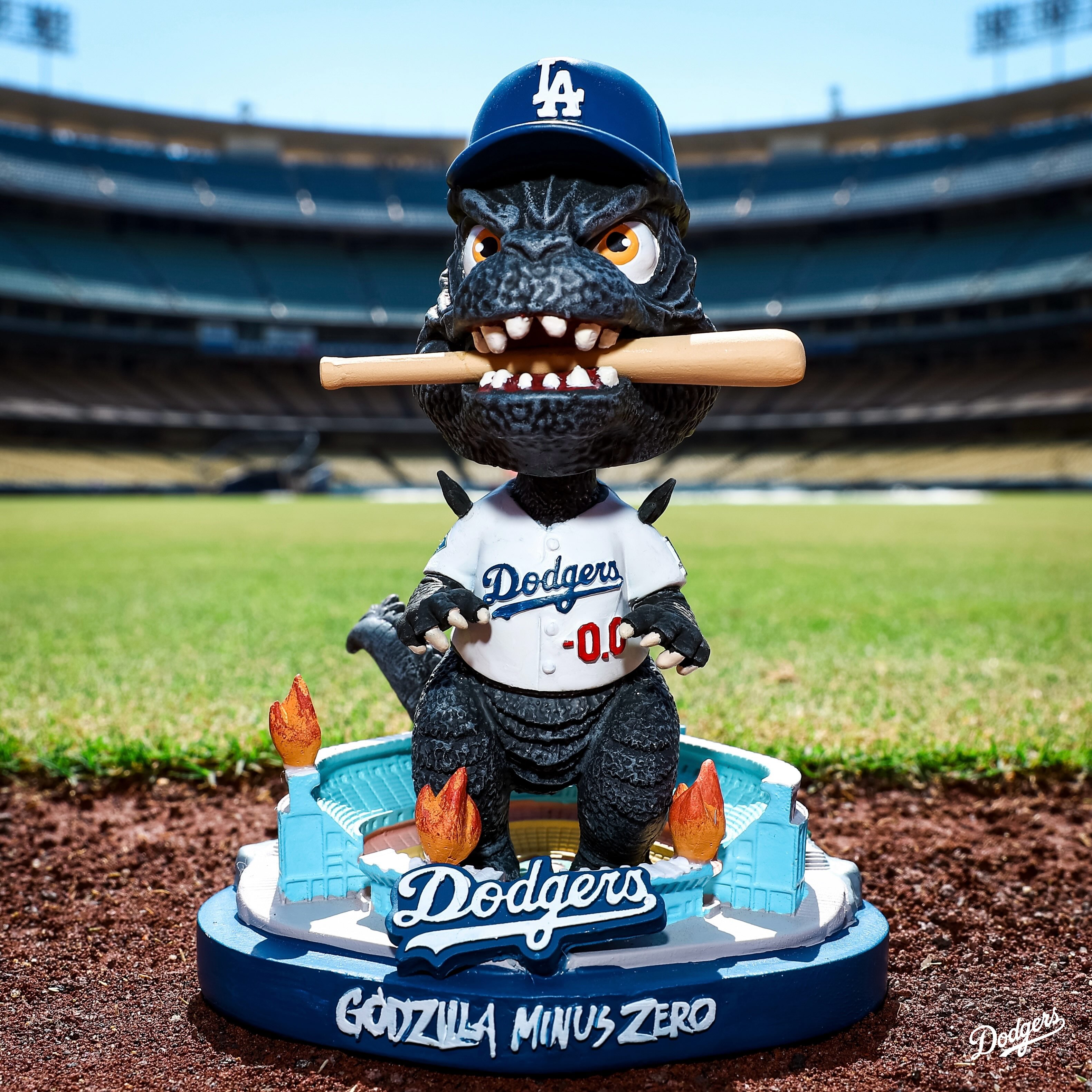 Promotional artwork for the Dodgers' Godzilla Minus Zero bobblehead giveaway at Dodger Stadium