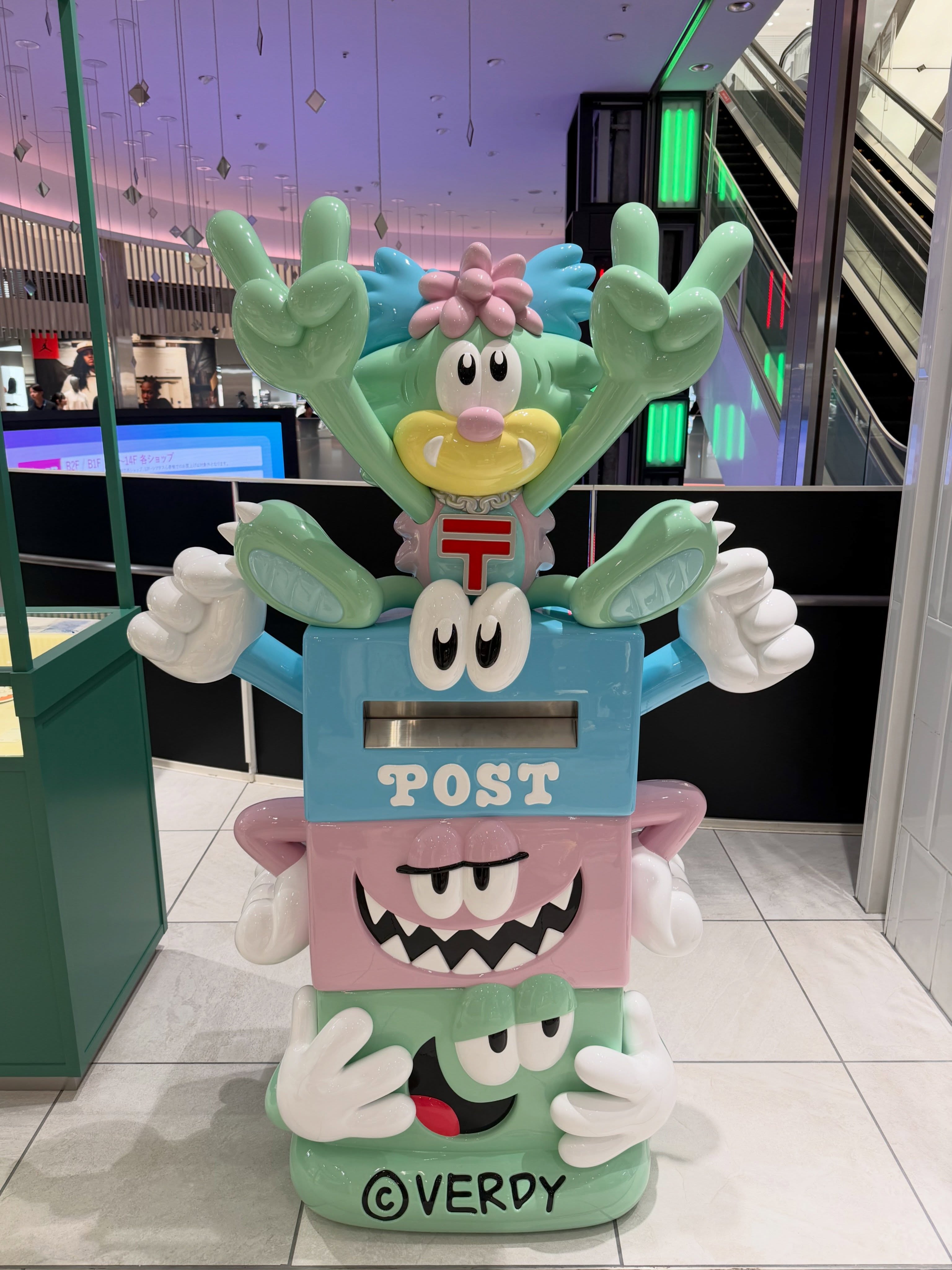 The Verdy-designed postbox and VSPS merchandise inside the Shinsaibashi PARCO store in Osaka