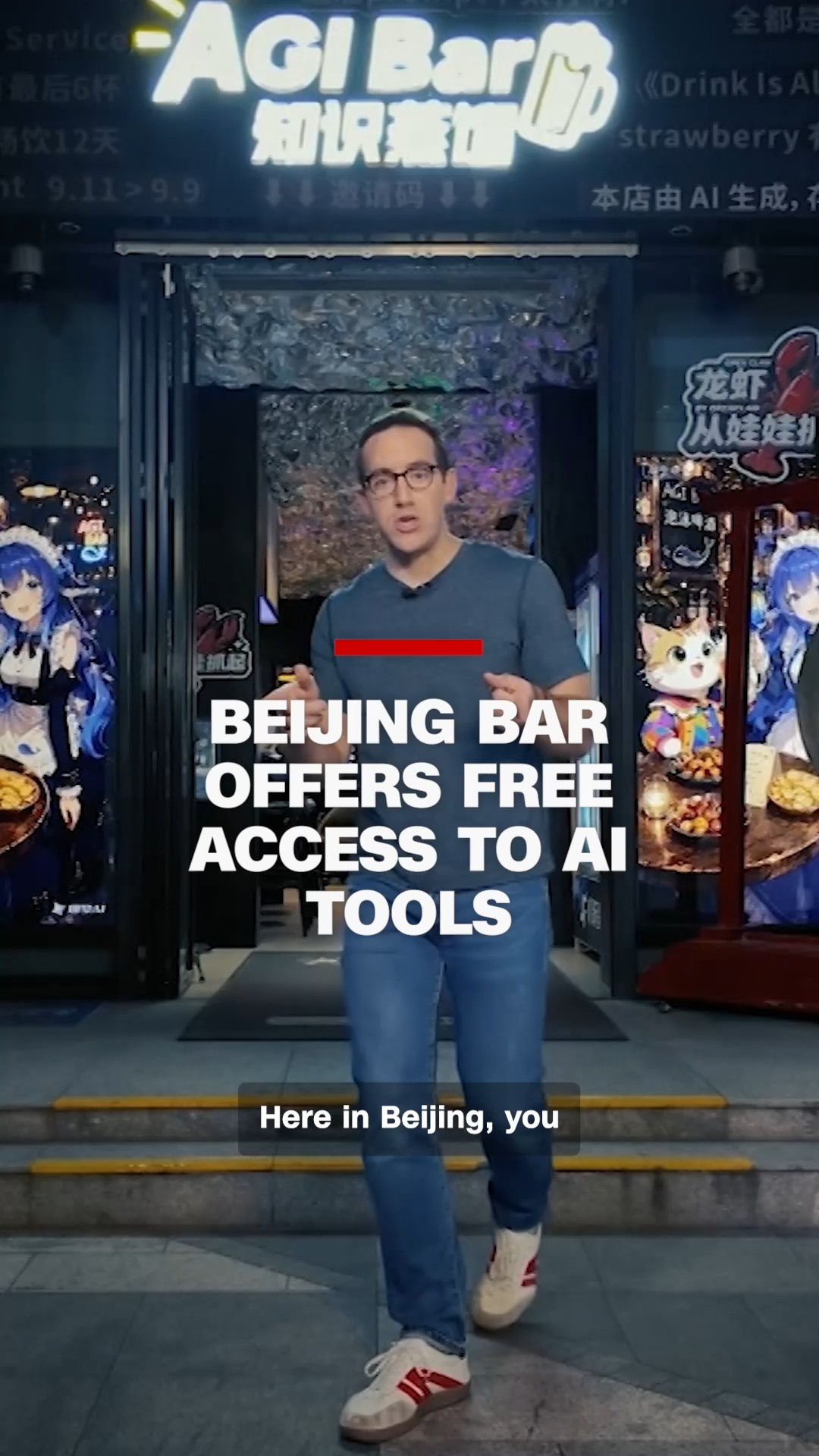 CNN reporter Mike Valerio beside an illuminated AGI Bar sign in Beijing.