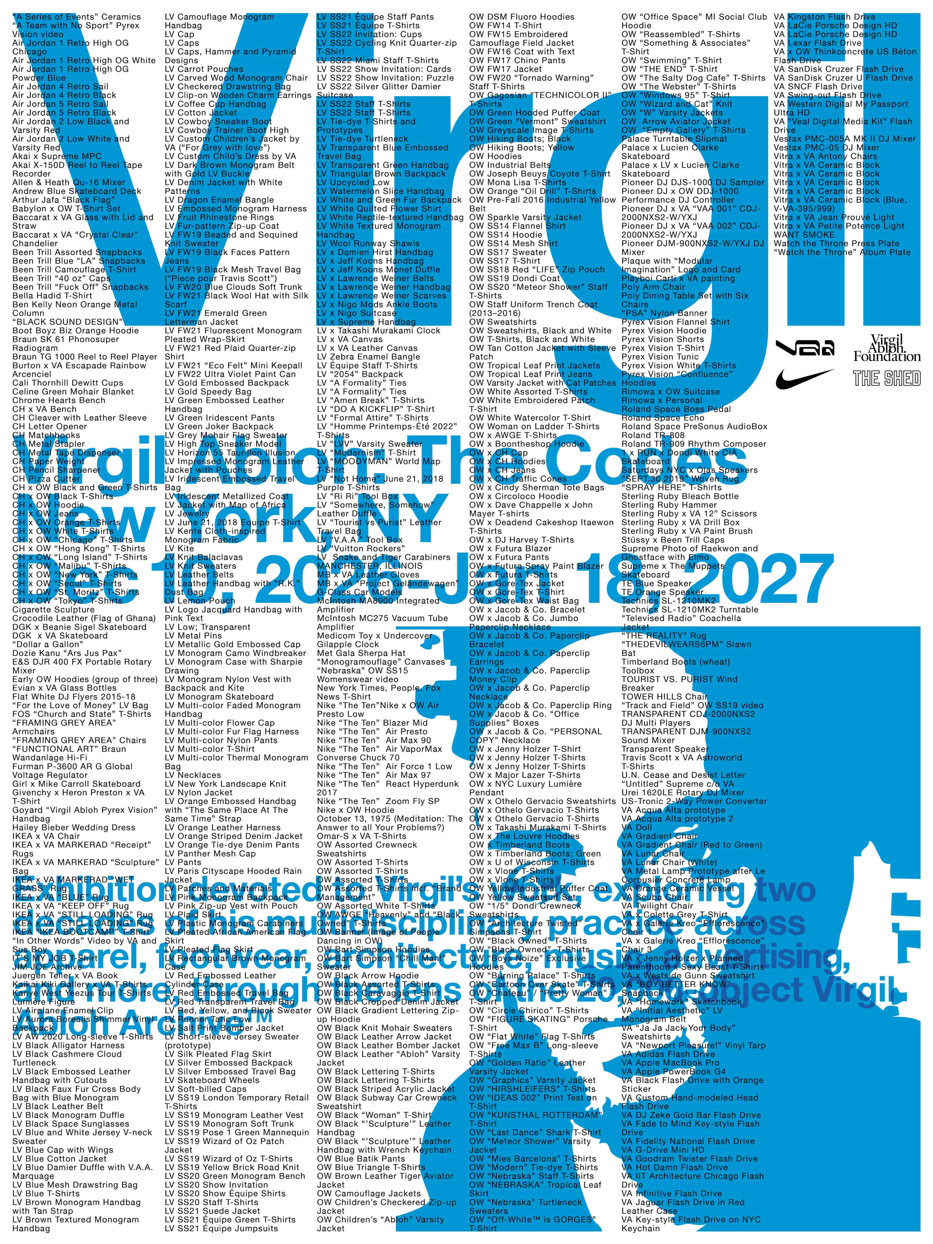 Graphic announcing Virgil Abloh: The Codes at The Shed, presented by the Virgil Abloh Foundation with Nike.