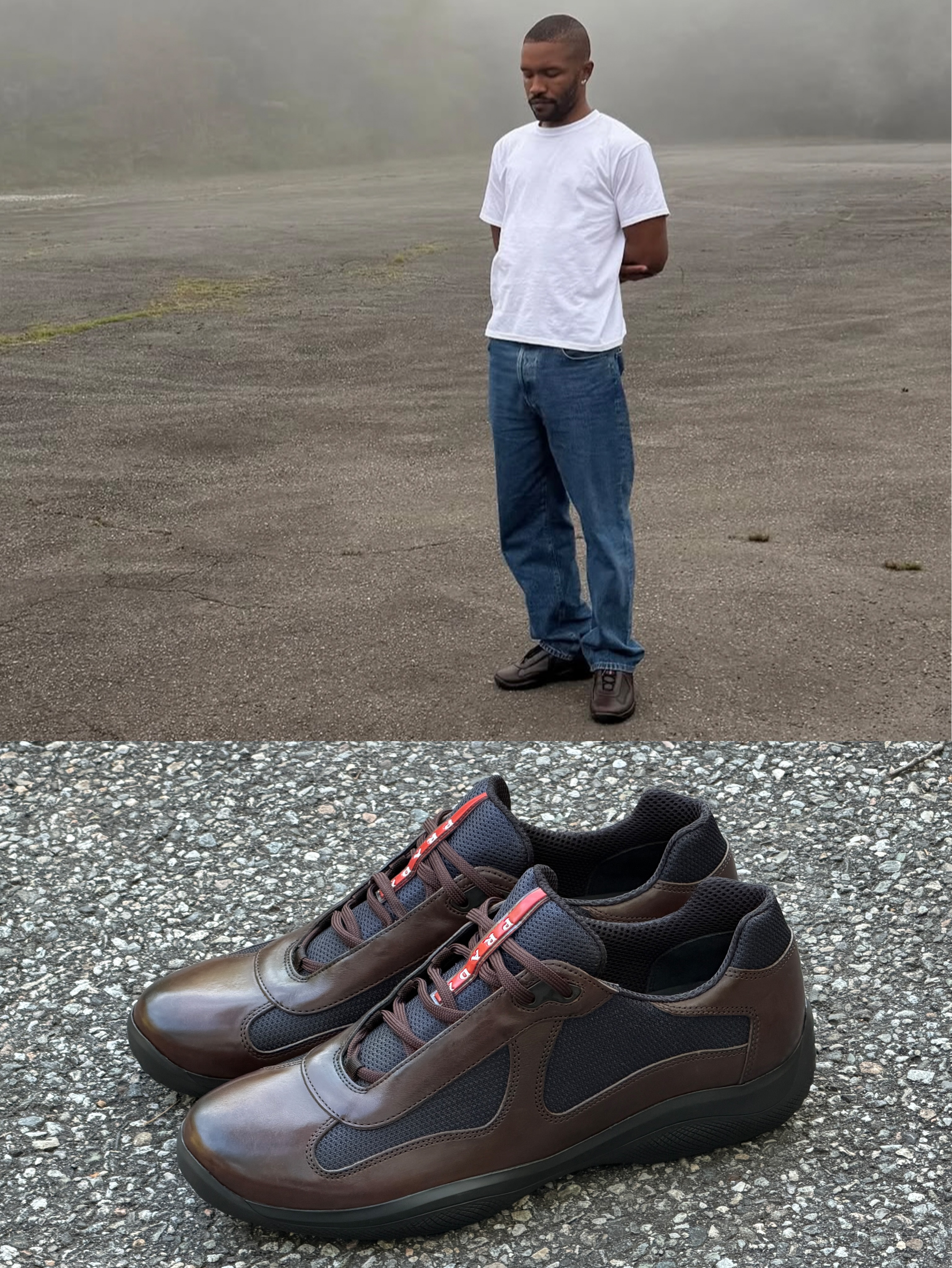 Frank Ocean wearing Prada's brushed leather America's Cup sneakers