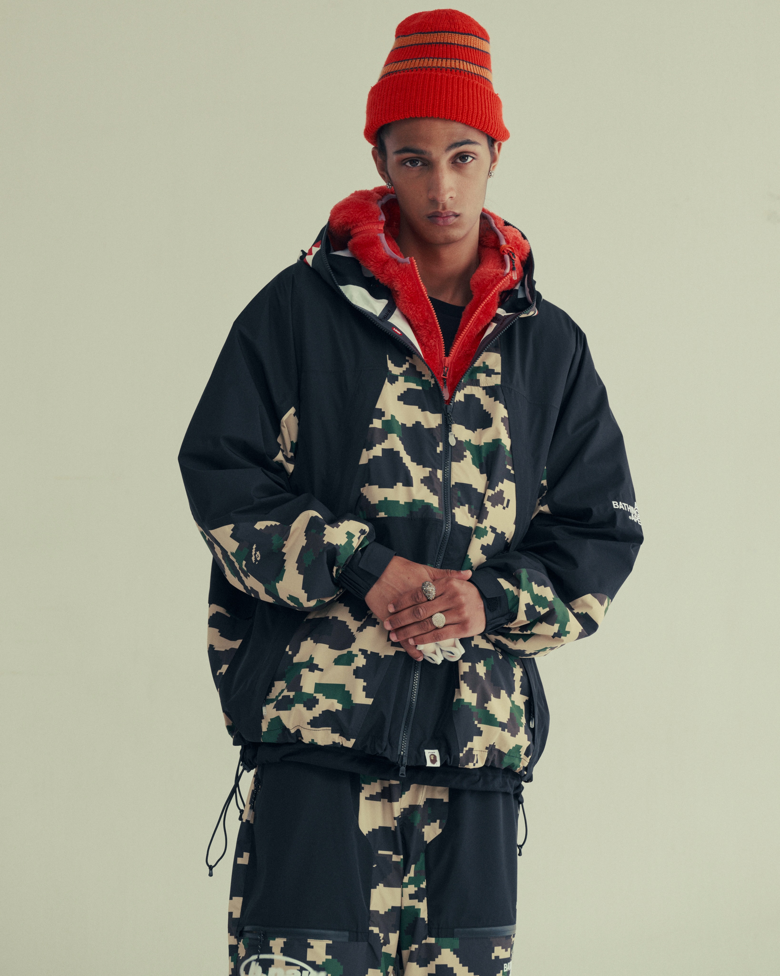 BAPE by Kazuki Kuraishi FW26 campaign image with technical snow outerwear and camouflage