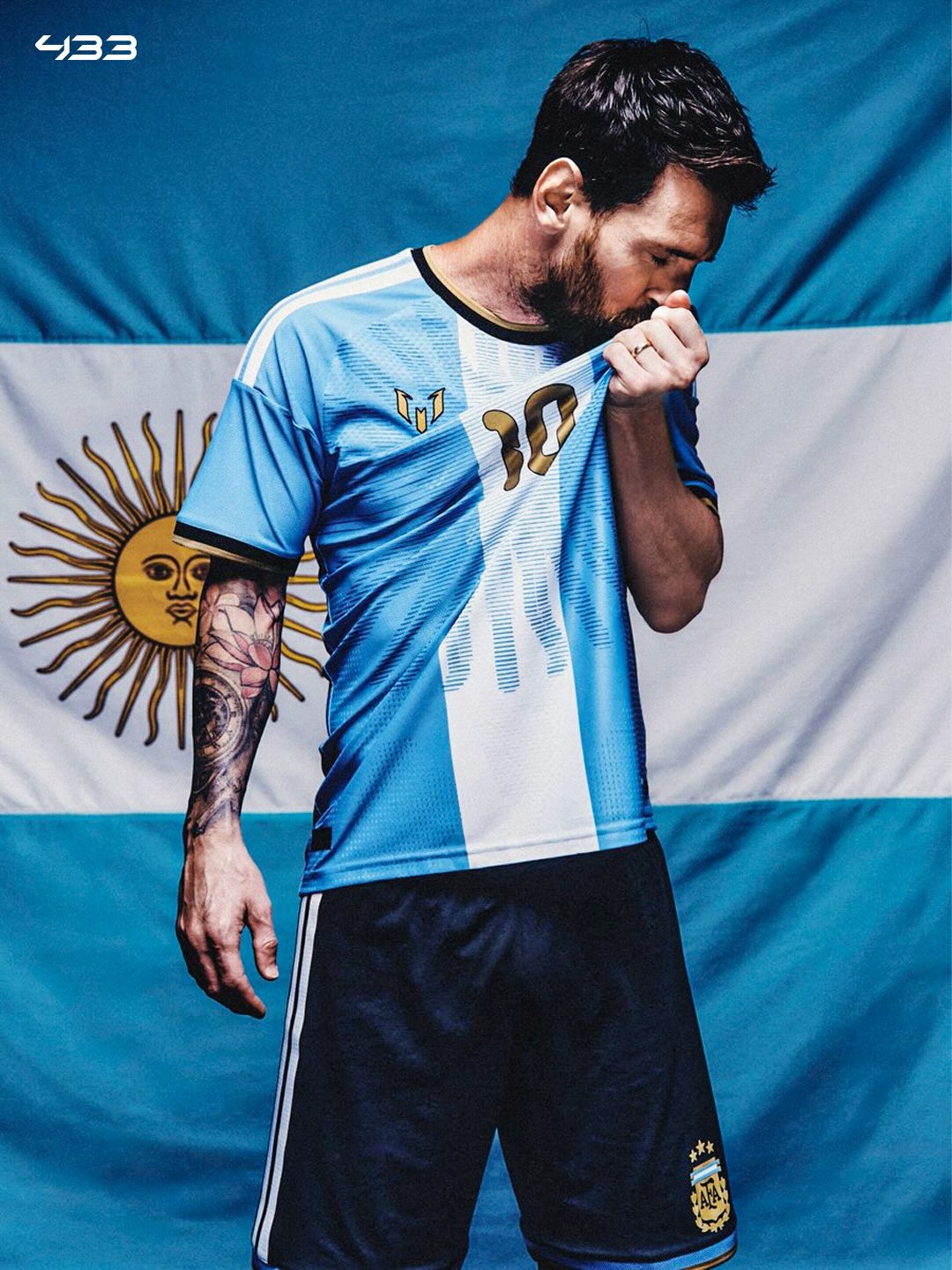 Argentina’s special Messi farewell shirt shows blue and white fabric with gold trim.