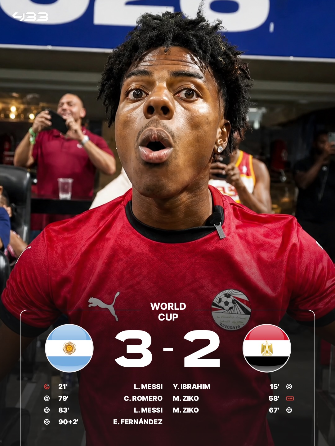 IShowSpeed wearing a national team jersey at a 2026 FIFA World Cup match, part of 433's Speed Curse carousel.