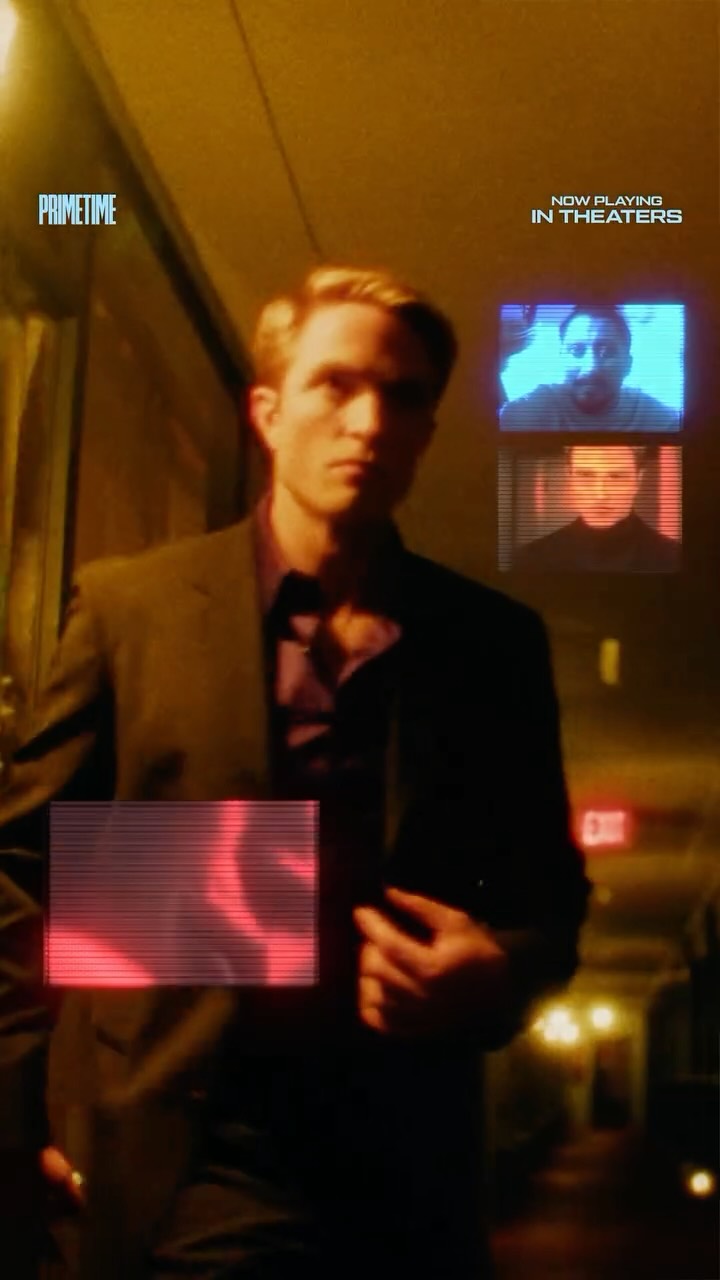 Robert Pattinson in Primetime imagery beside television monitors.