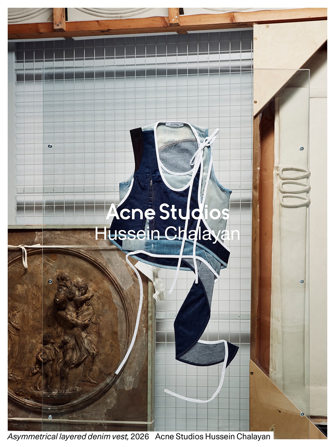 Denim in layered construction from the Acne Studios x Hussein Chalayan campaign shot at the V&A East Storehouse in London.