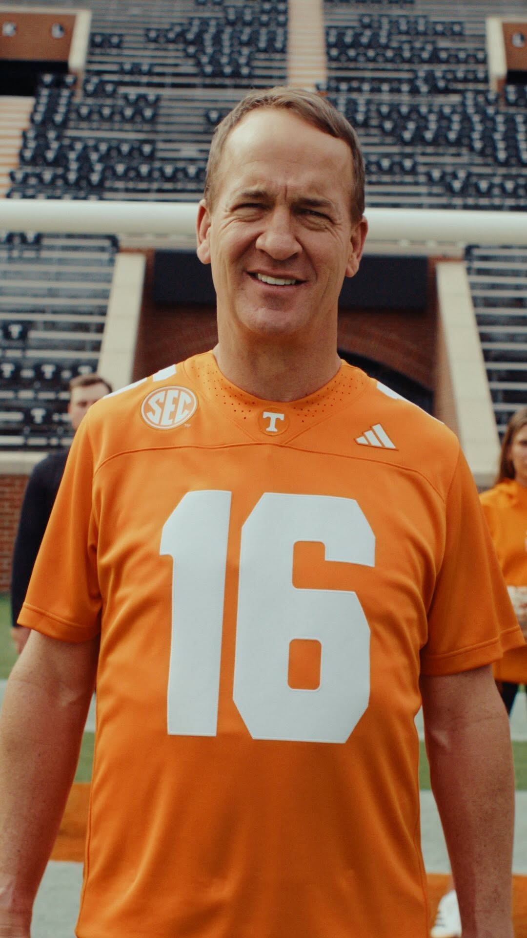 A promotional still from the Adidas and Tennessee Athletics film announcing Peyton Manning's signing and the new ten year kit partnership.