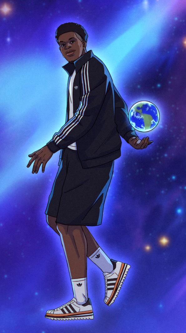 Promotional artwork for the adidas Originals, Edison Chen, and CLOT Superstar Unity Orange collaboration featuring Anthony Edwards