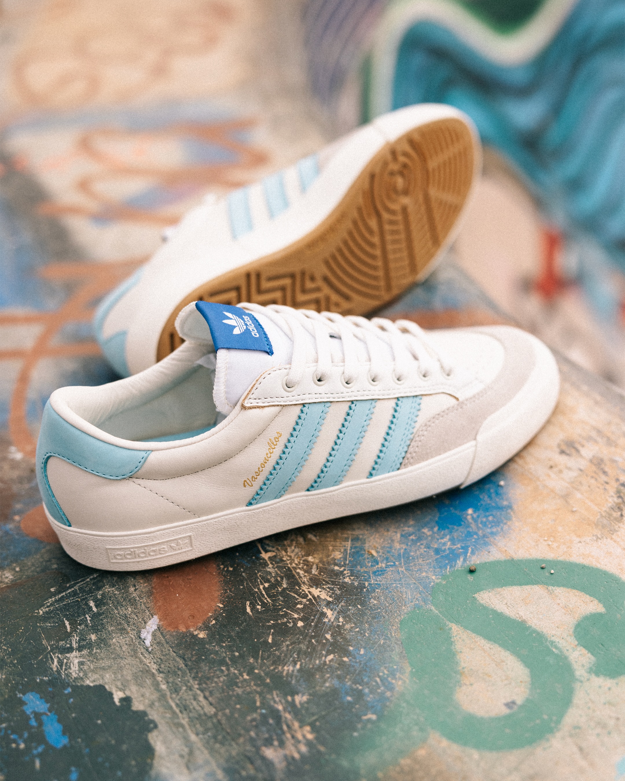 The adidas Nora skate shoe shown in its Chalk White, Bliss Blue and White colorway for its 2026 restock.