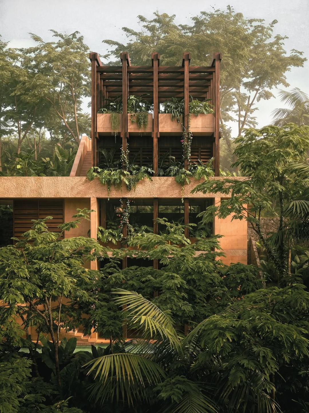 The wooden screen facade of the Flora y Fauna jungle house in San Pancho, Nayarit.
