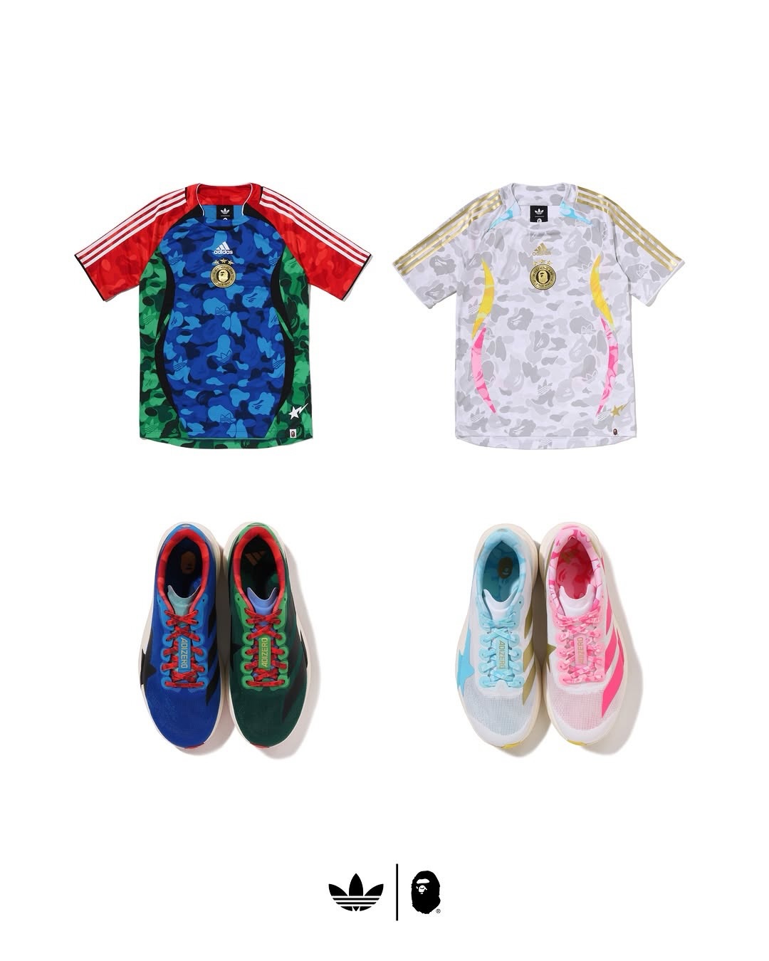 adidas Originals x BAPE Teamgeist Home and Away jerseys with the matching Adizero Evo SL sneaker