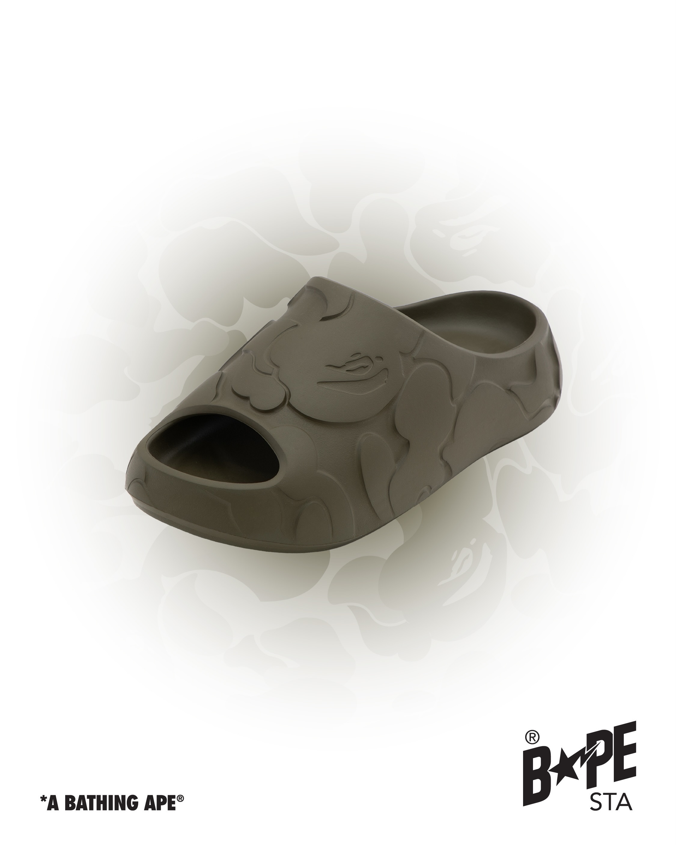 Product image of the BAPE Slide second wave sandal in an earth tone Solid Camo colorway ahead of its August 2026 release.