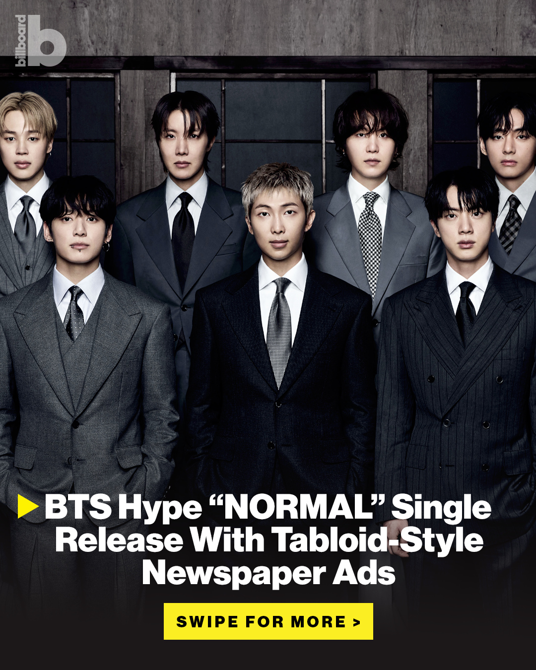 BTS's seven members in matching suits photographed from behind, promotional image for the NORMAL single from the ARIRANG album.