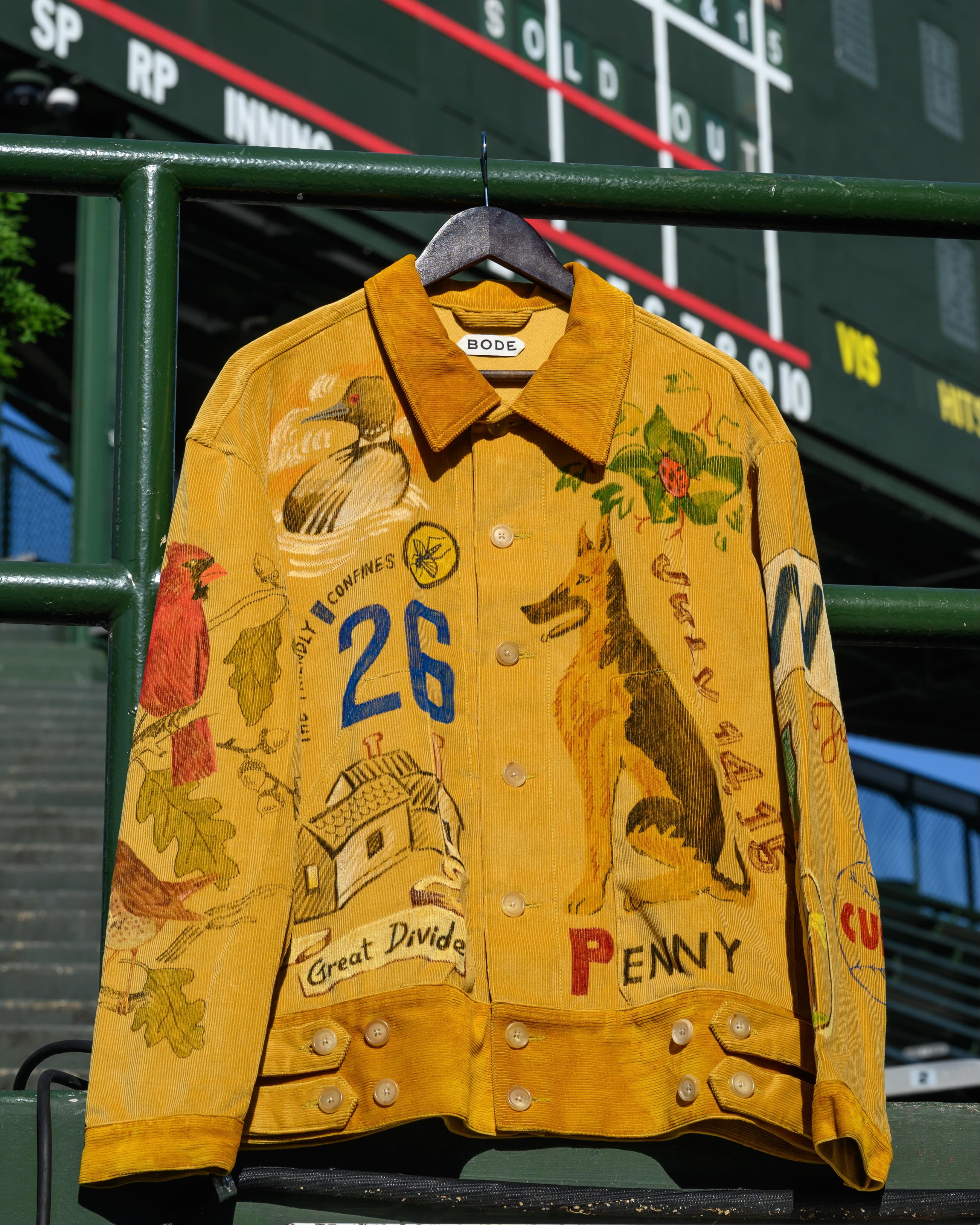 A Bode Custom Senior Cord corduroy jacket made for Noah Kahan, hand illustrated in black ink.