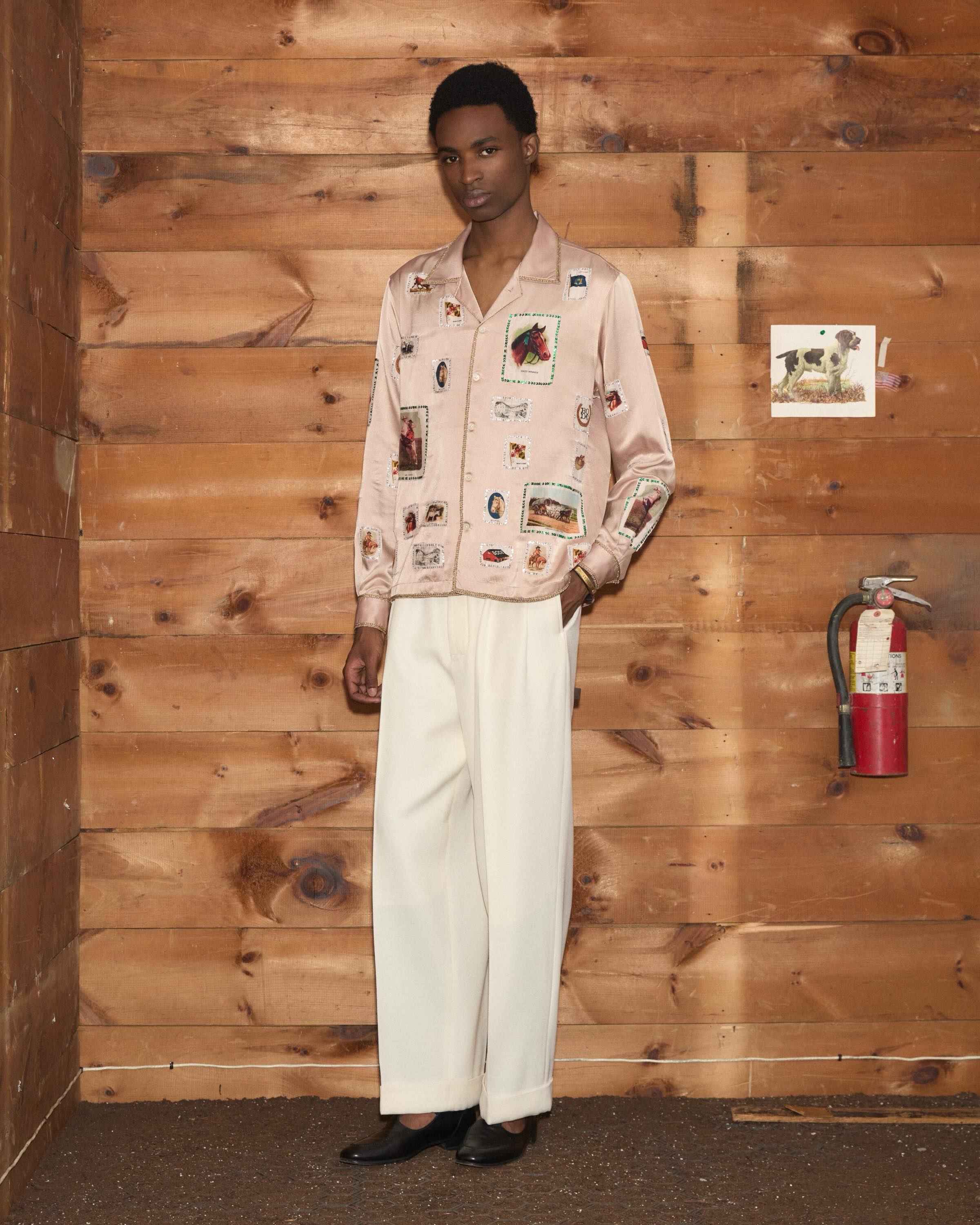 Bode’s pink Equestrian Patch garment carries horse illustrations framed by sequins.
