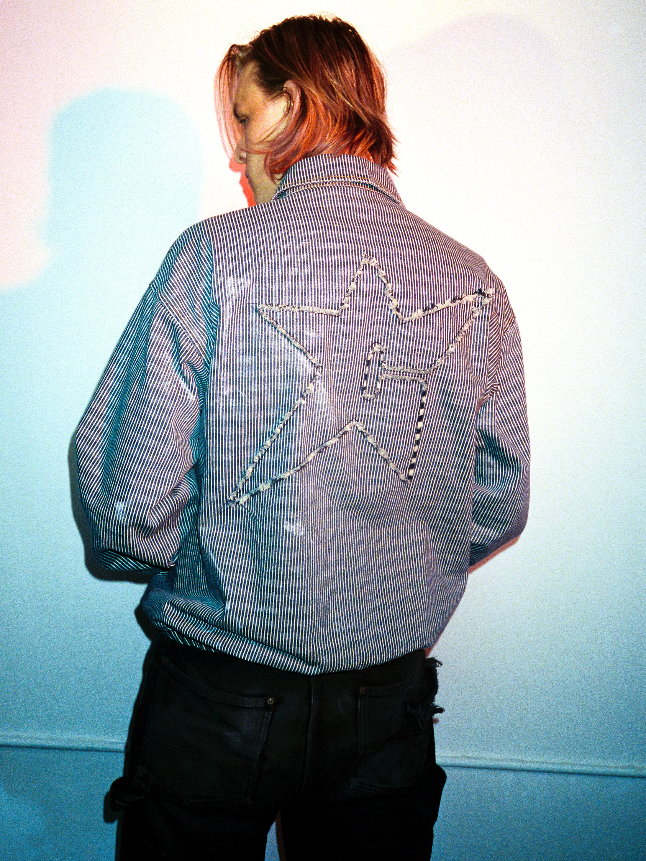 Carpet Company's overwashed pinstripe denim work jacket from Season 22 Drop 2.