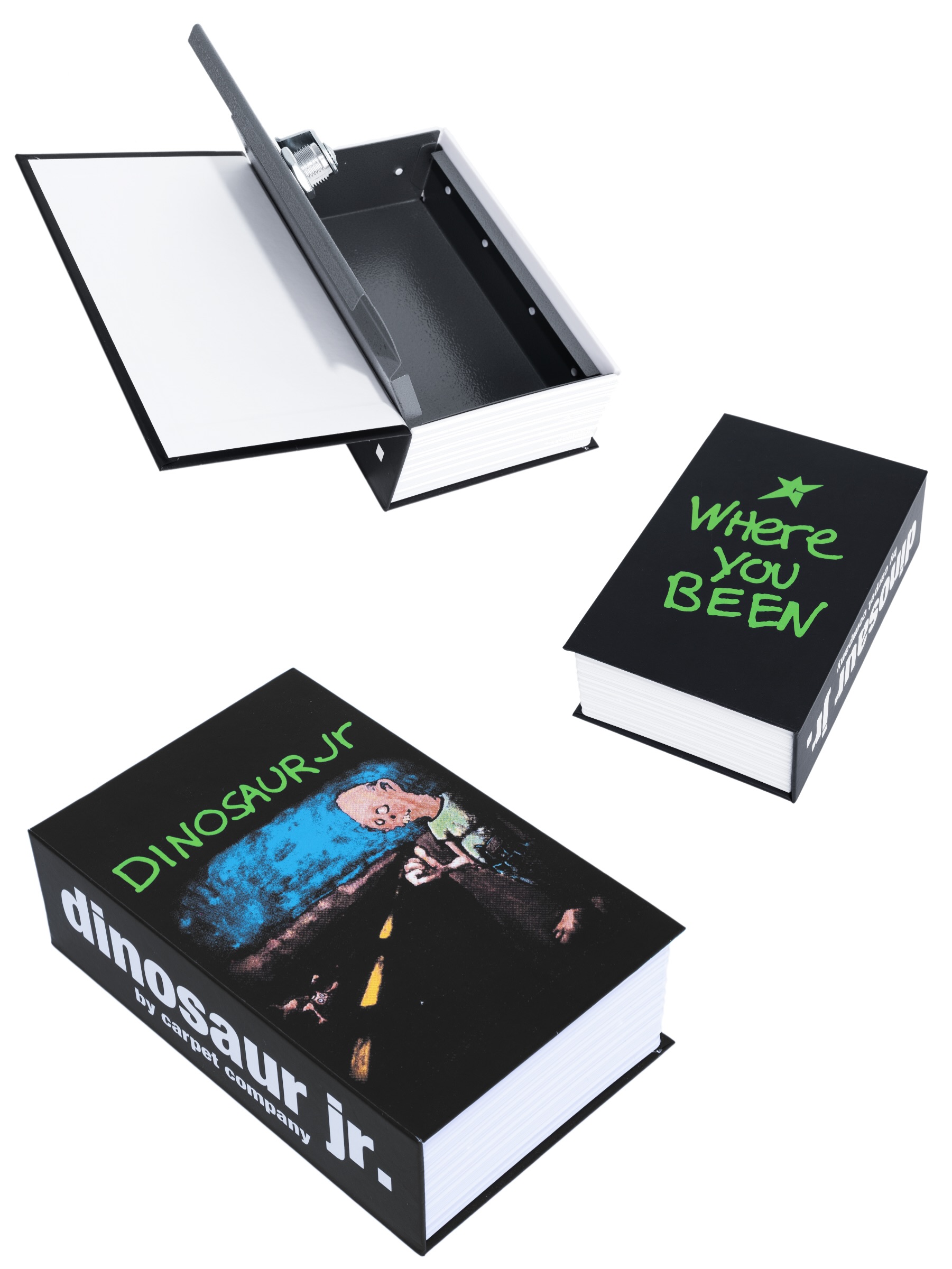 A Carpet Company Dinosaur Jr. secret book opens around a metal compartment.