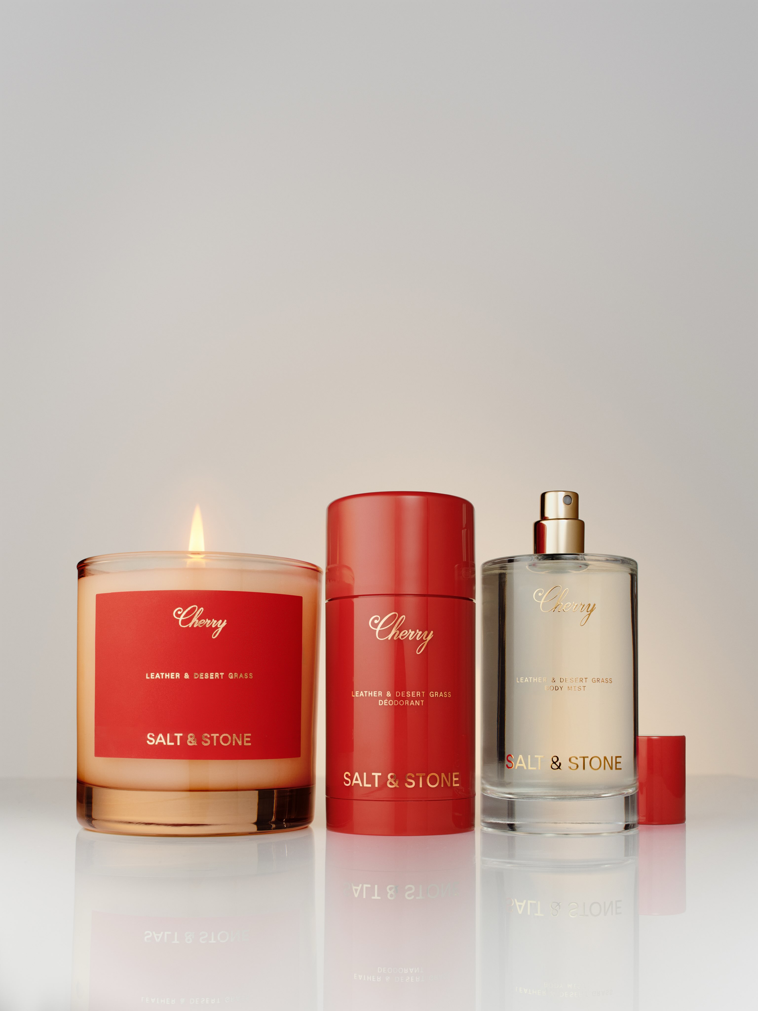 Salt & Stone and Cherry Los Angeles Leather & Desert Grass fragrance collection packaging.