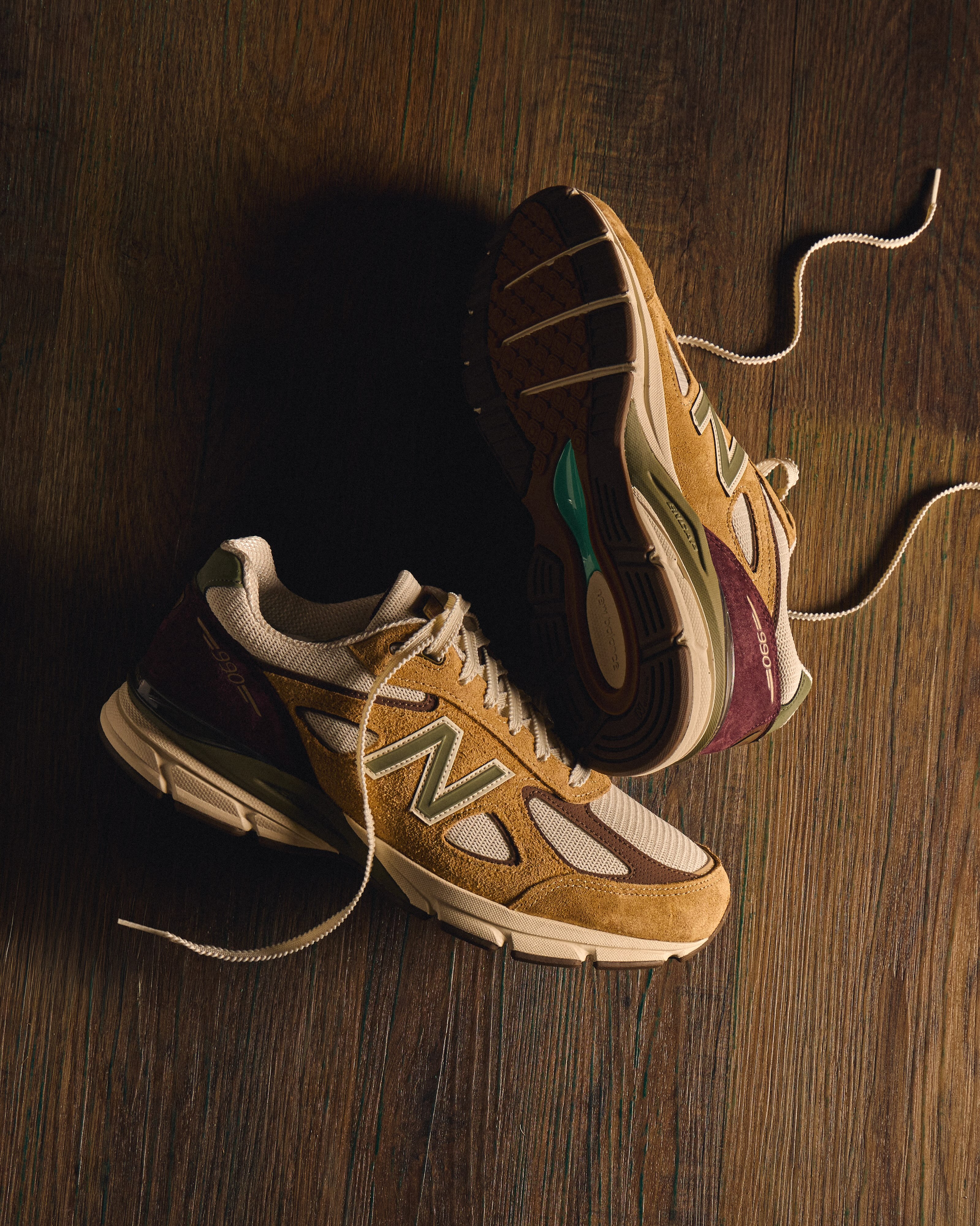 The Concepts x New Balance 990v4 Patina sneaker in waxed suede with brown and olive accents