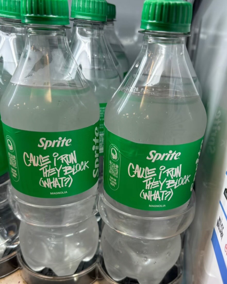 A Sprite can from the Living Tracklist campaign printed with a lyric from Playboi Carti's Magnolia.