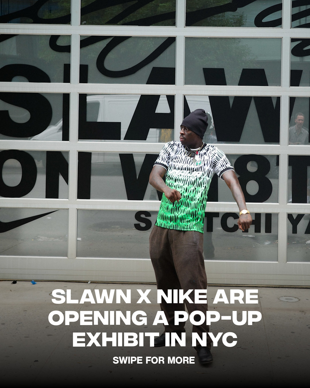 A promotional graphic for Complex Style announcing Slawn's Nike Nigeria X2 exhibition and kit collaboration in New York City.