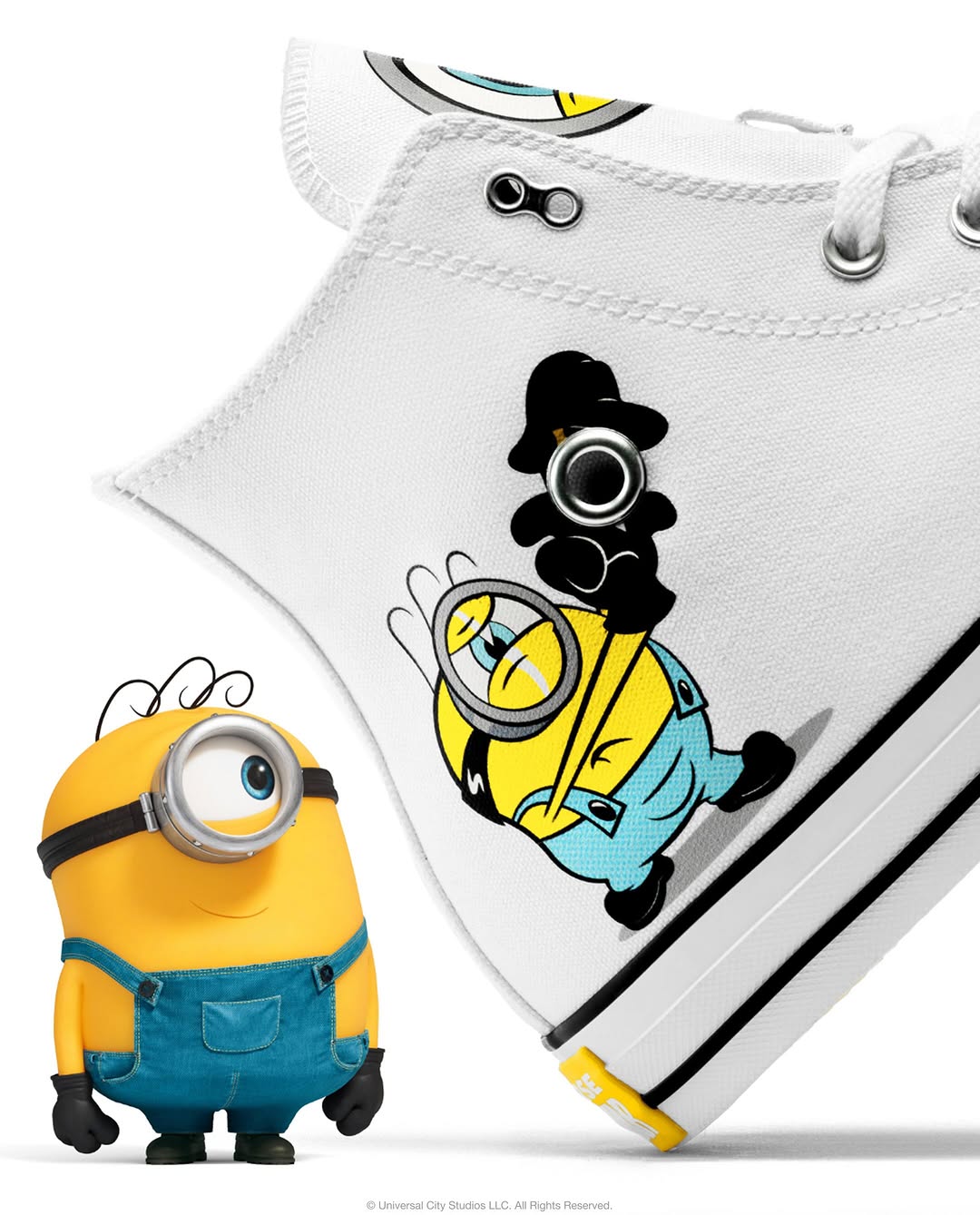 Converse x Minions Bello Chuck Taylor in White and Yellow with Minions yellow diamond tread outsole and tangled canvas stitching