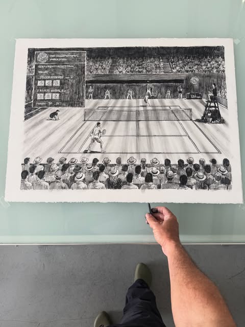 Daniel Arsham pencil drawings of a television screen showing sports broadcasts, June 2026