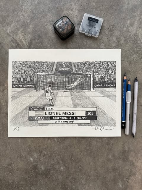Daniel Arsham pencil and ink drawing of a television screen showing a live sports broadcast, June 2026