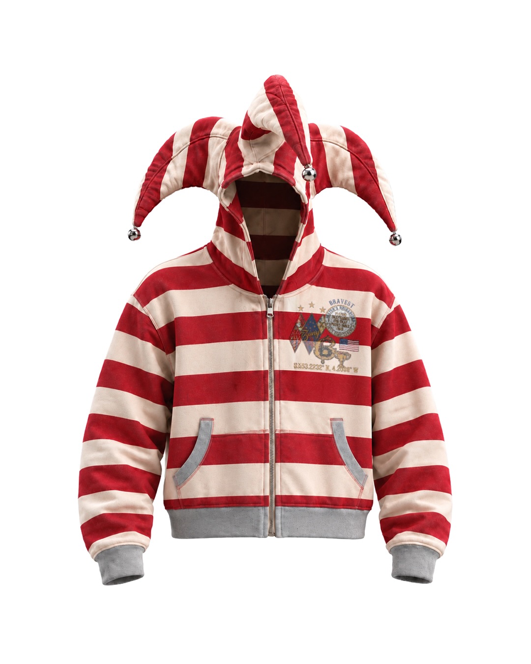 Bravest Studios Jester zip hoodie with a jester hat shape at the top.